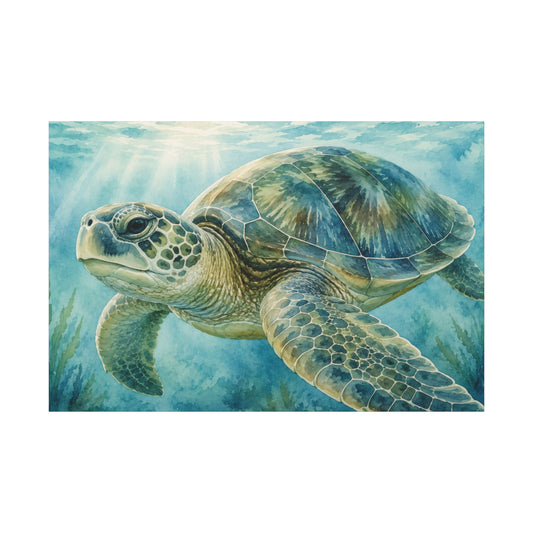 A square art print depicting a sea turtle swimming underwater, surrounded by blue-green water and light rays from above, shown against a white background.