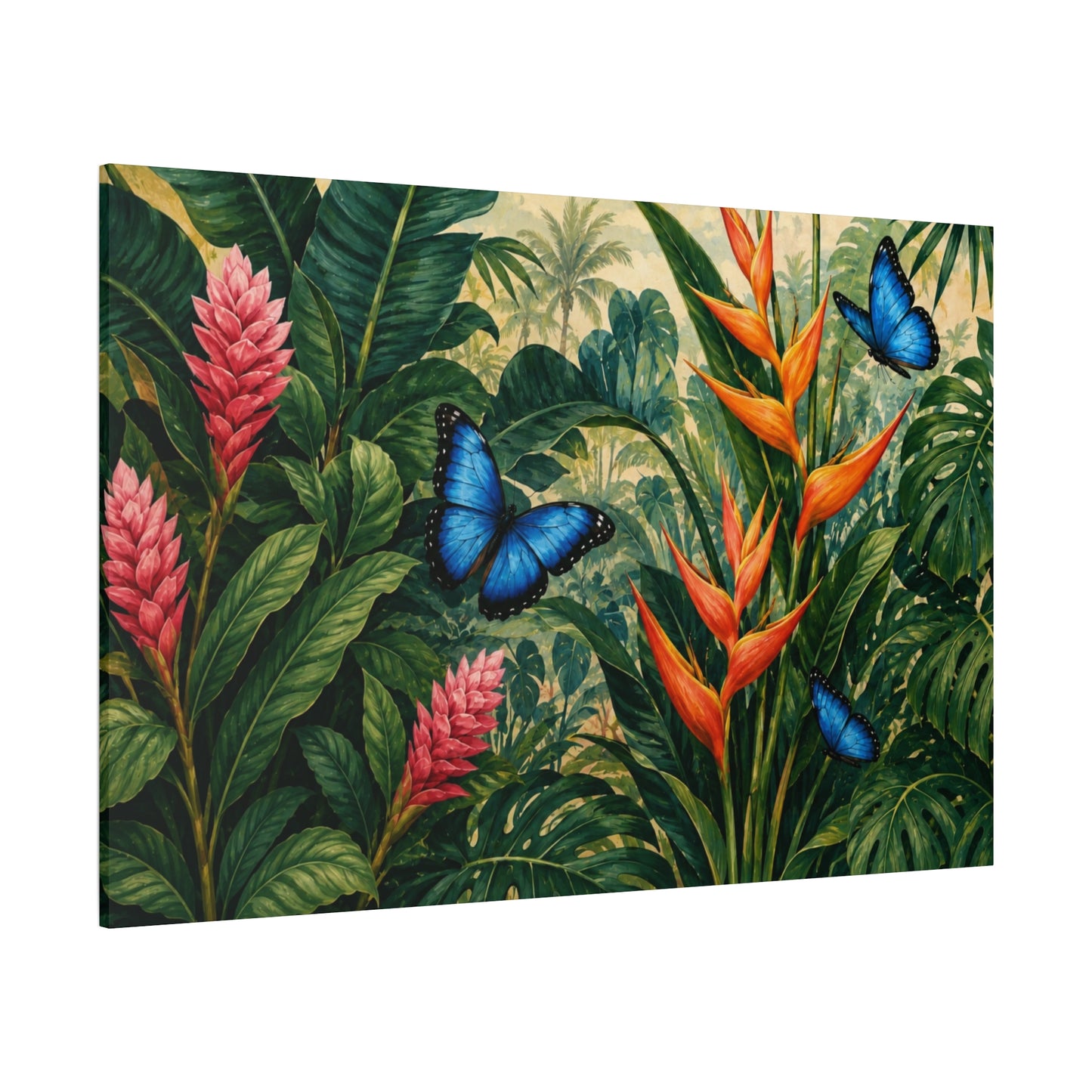 Tropical Butterfly Canvas Wall Art — Blue Butterflies & Exotic Foliage Matte Stretched Print