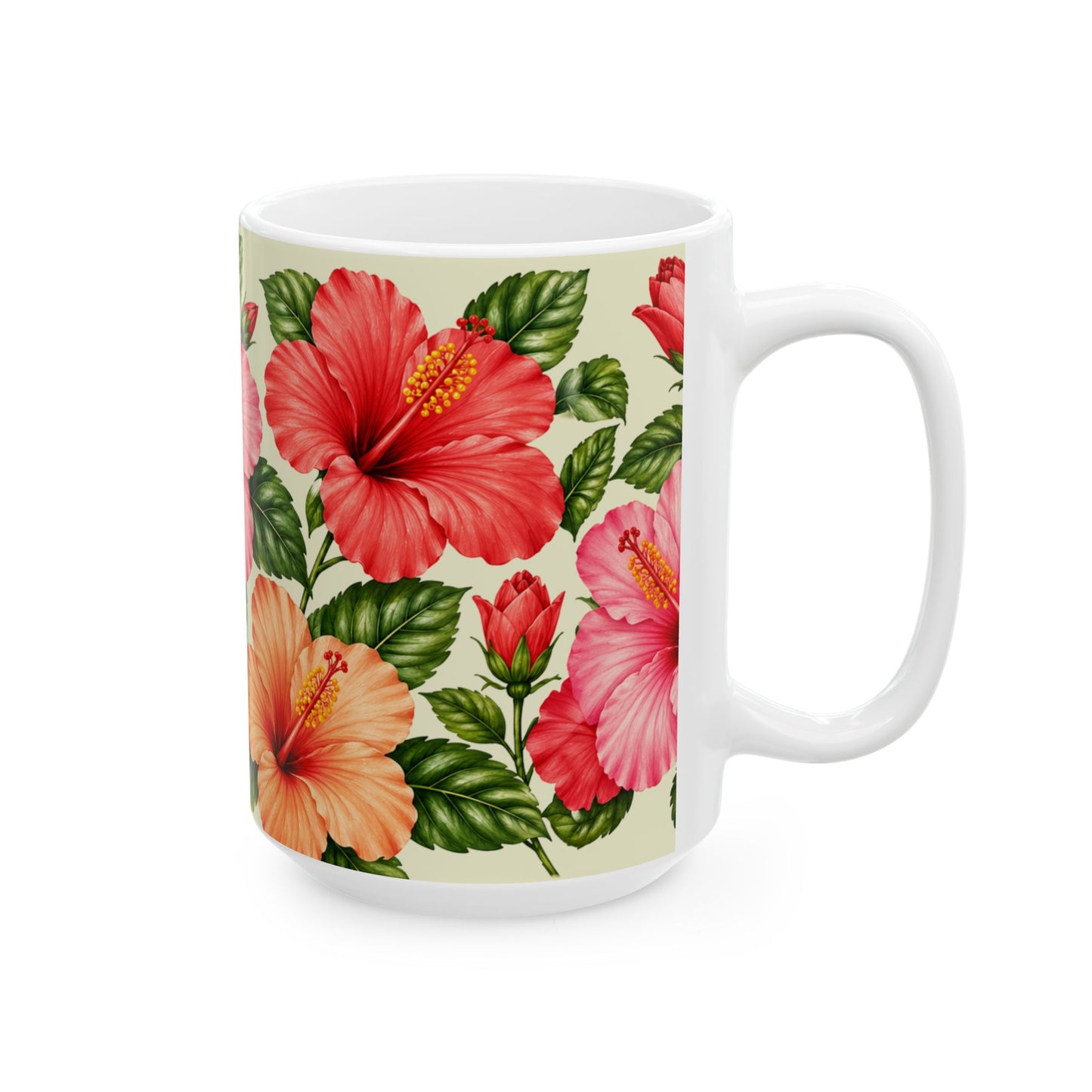 Hibiscus Floral Ceramic Mug — Tropical Pink & Peach Flower Coffee Cup (11oz, 15oz)