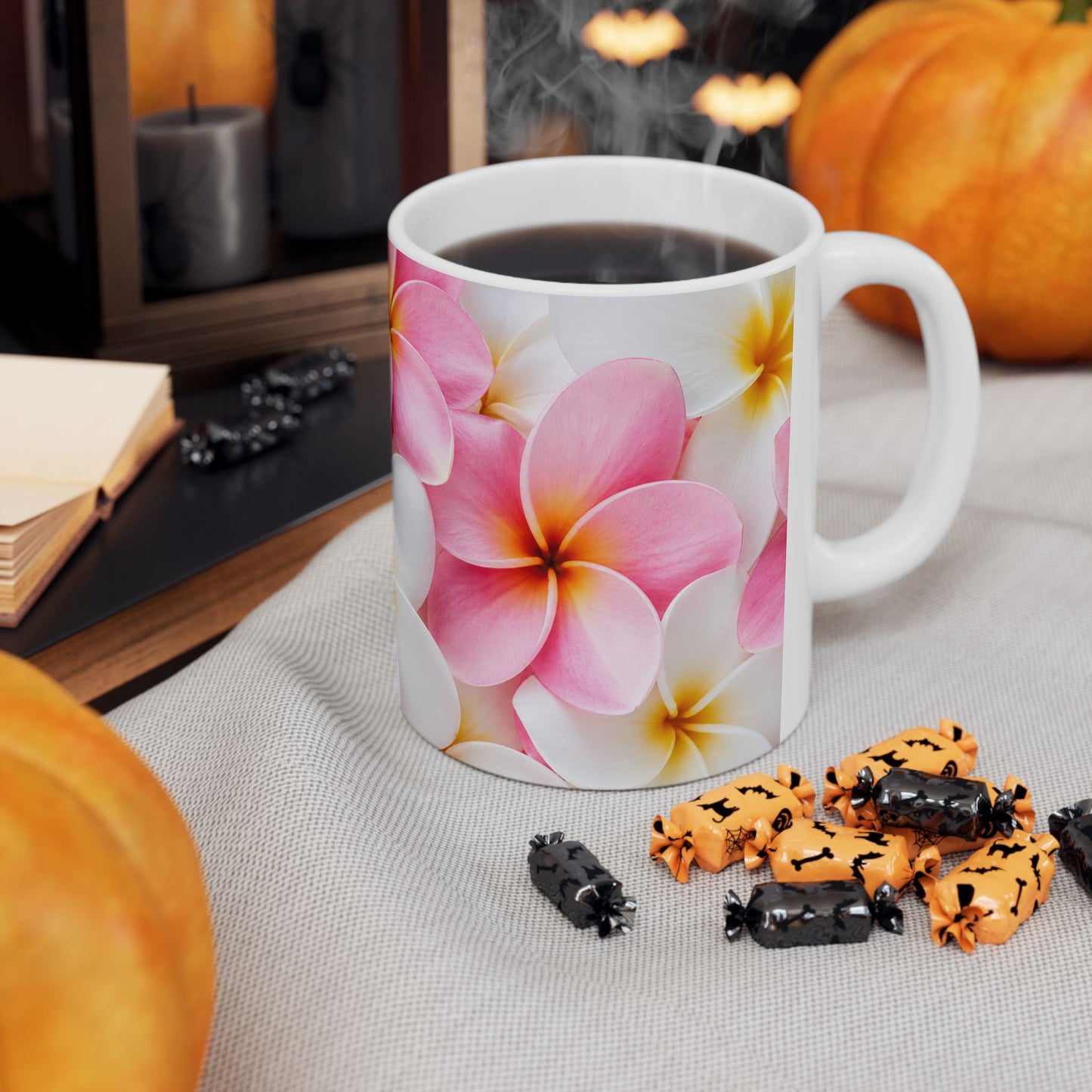 Pink Plumeria Floral Ceramic Mug — Tropical Frangipani Coffee Cup (11oz & 15oz)