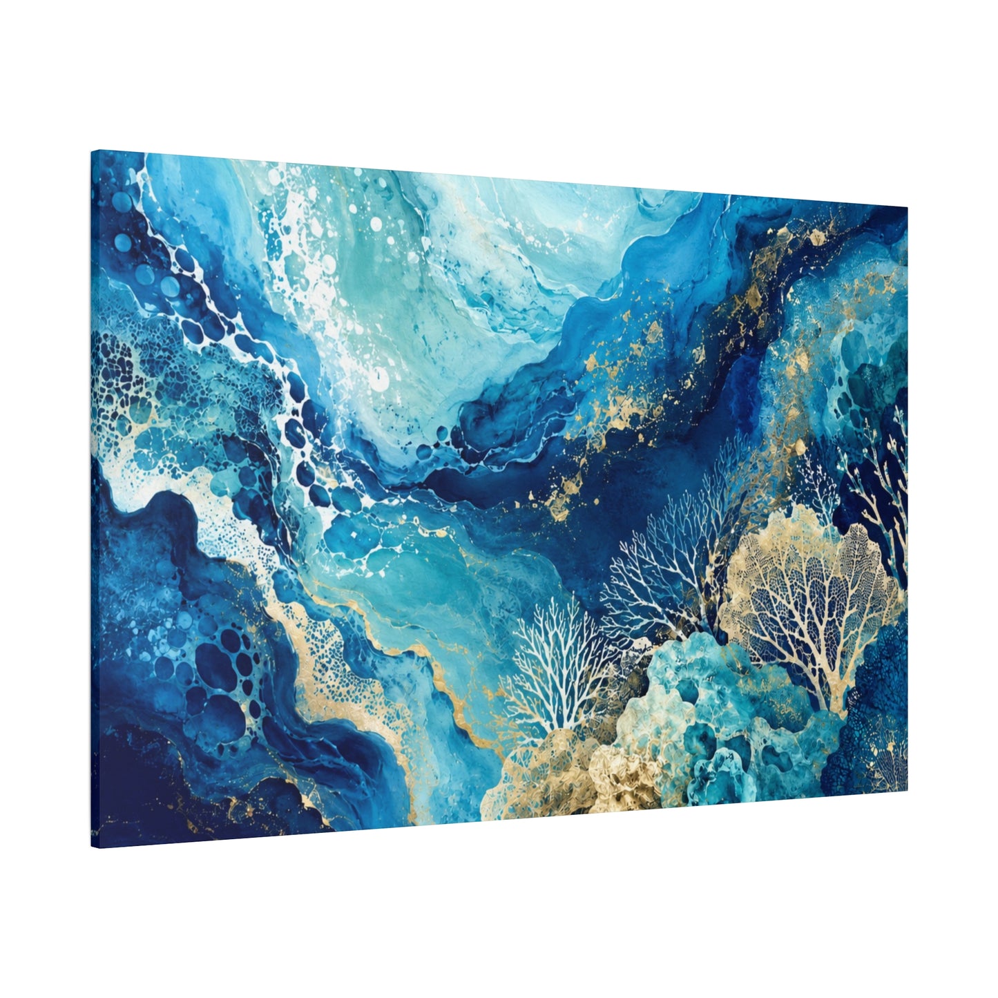 Ocean Abstract Canvas Art - Blue Gold Coral Wave, Stretched Matte Print