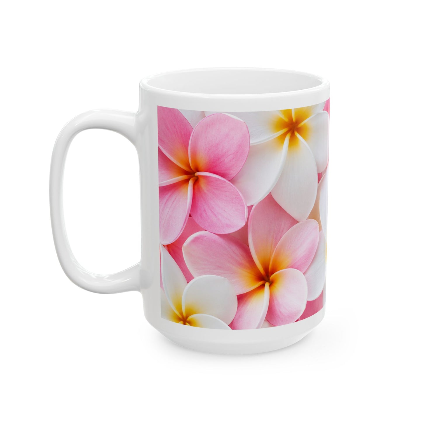 Pink Plumeria Floral Ceramic Mug — Tropical Frangipani Coffee Cup (11oz & 15oz)
