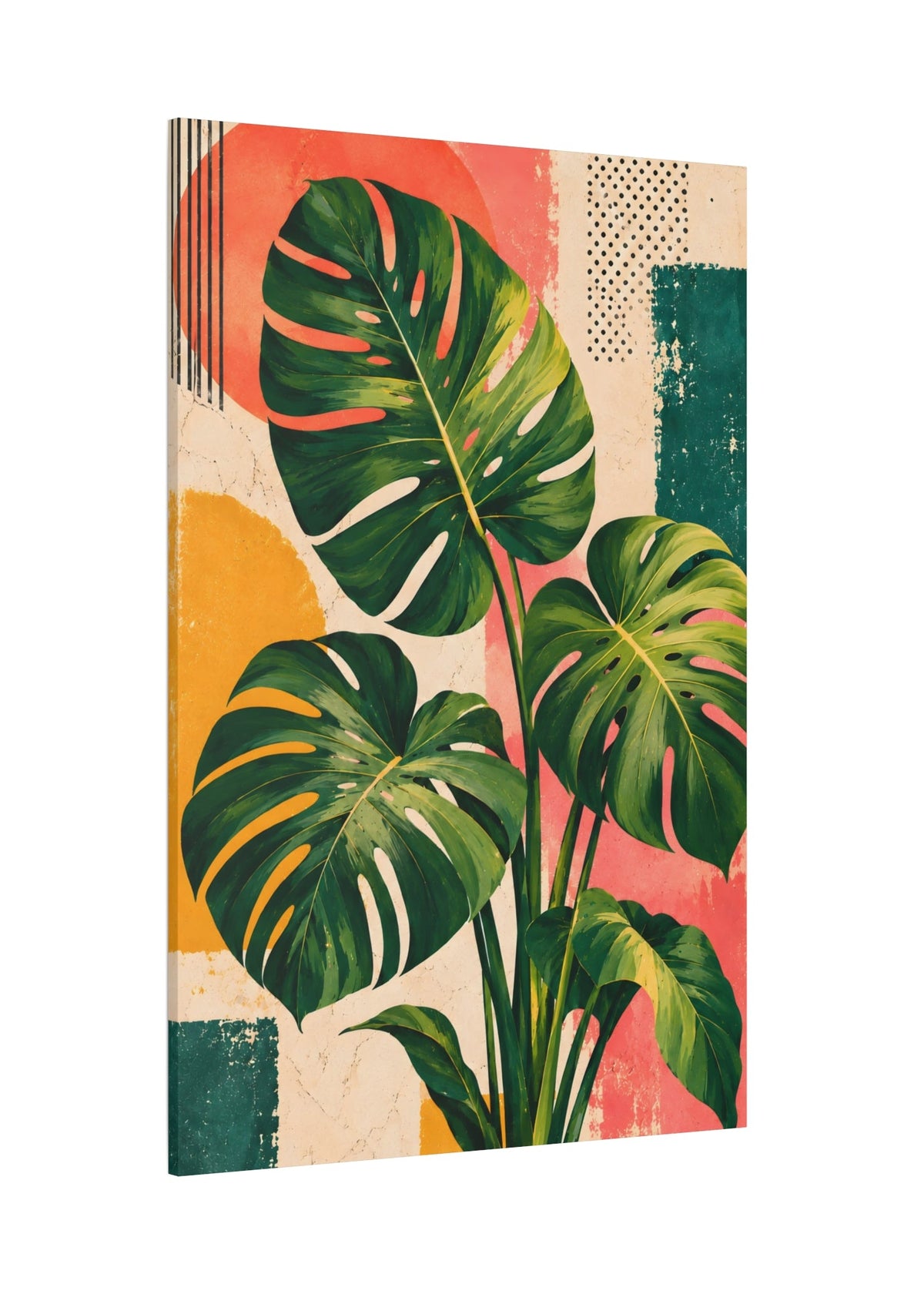 A vertical canvas wall art print featuring large green monstera leaves over a retro abstract background with coral, cream, yellow, and teal blocks.