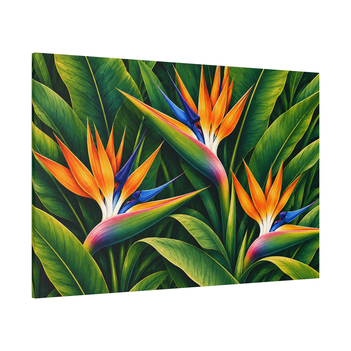 A square canvas wall art print featuring a vibrant tropical painting of bird of paradise flowers with bright orange, blue, and purple petals against a lush green leafy background, shown at a three-quarter angle on a white studio background.