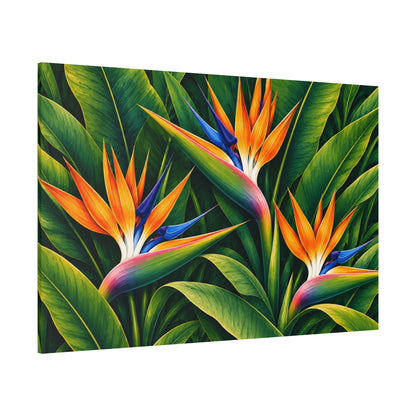 A square canvas wall art print featuring a vibrant tropical painting of bird of paradise flowers with bright orange, blue, and purple petals against a lush green leafy background, shown at a three-quarter angle on a white studio background.