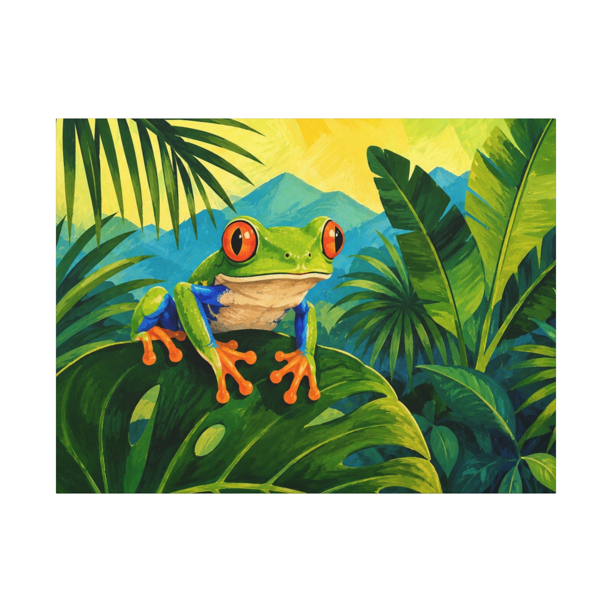 Illustration of a colorful frog in a jungle setting with green leaves and mountains.