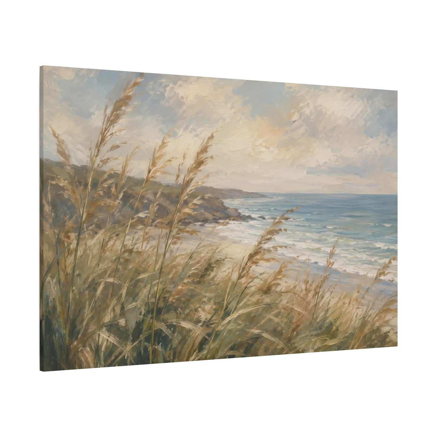 A square canvas wall art print depicting a coastal seascape with golden beach grass in the foreground, rocky shoreline, blue ocean water, and a cloudy sky, shown at an angle on a white background.
