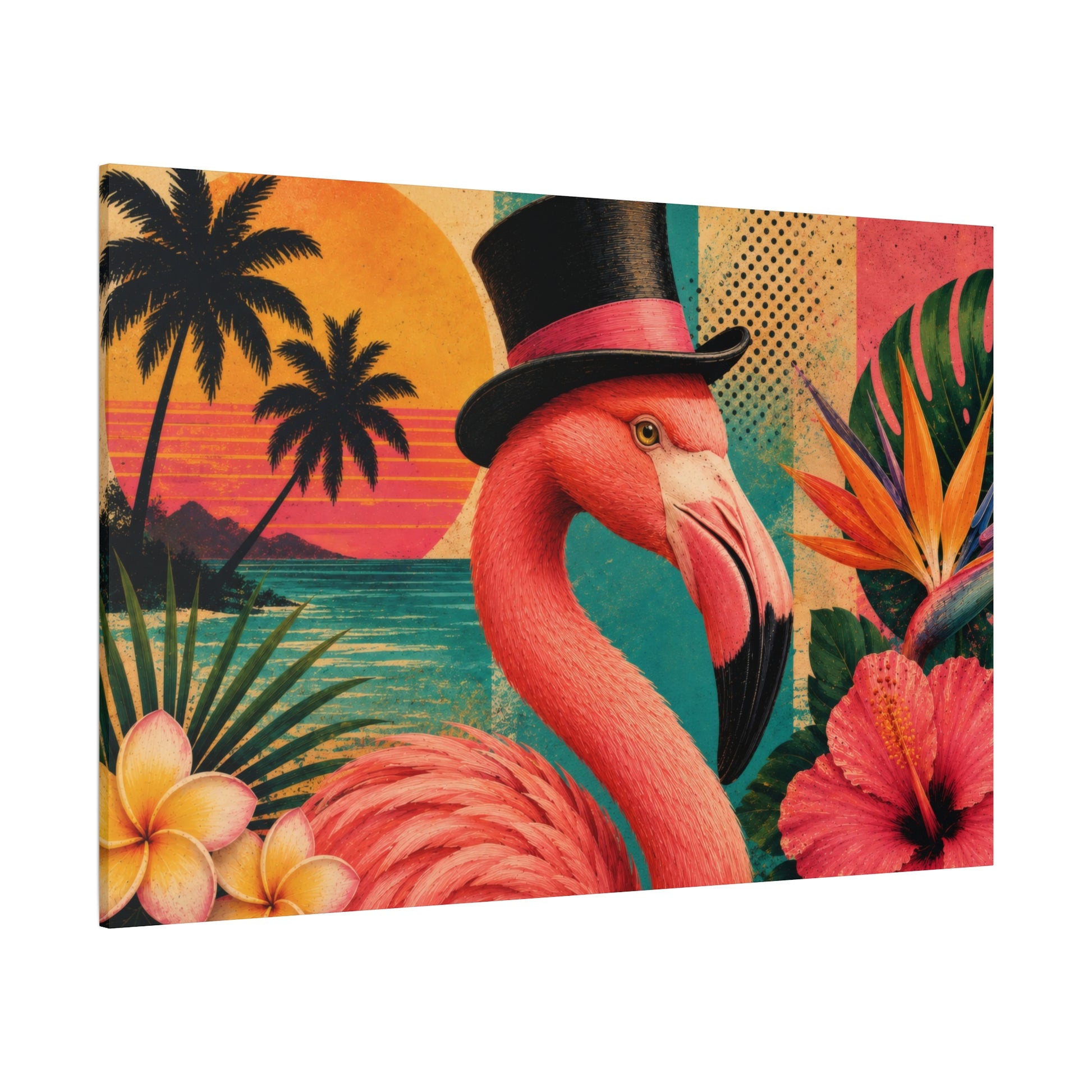 A colorful canvas wall art print featuring a stylized pink flamingo wearing a black top hat, surrounded by tropical palm trees, flowers, and a sunset over the ocean.