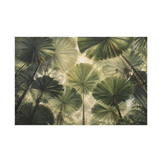 A rectangular wall art print showing an upward view of green palm-like fronds and tree trunks in a forest canopy, centered on a white background.