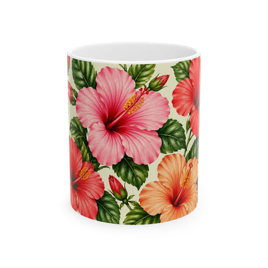 Hibiscus Floral Ceramic Mug — Tropical Pink & Peach Flower Coffee Cup (11oz, 15oz)