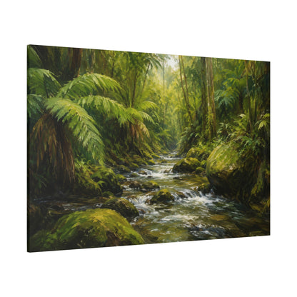 A rectangular canvas wall art print depicting a lush green forest stream with flowing water, mossy rocks, and dense ferns, shown at an angle against a plain white background.