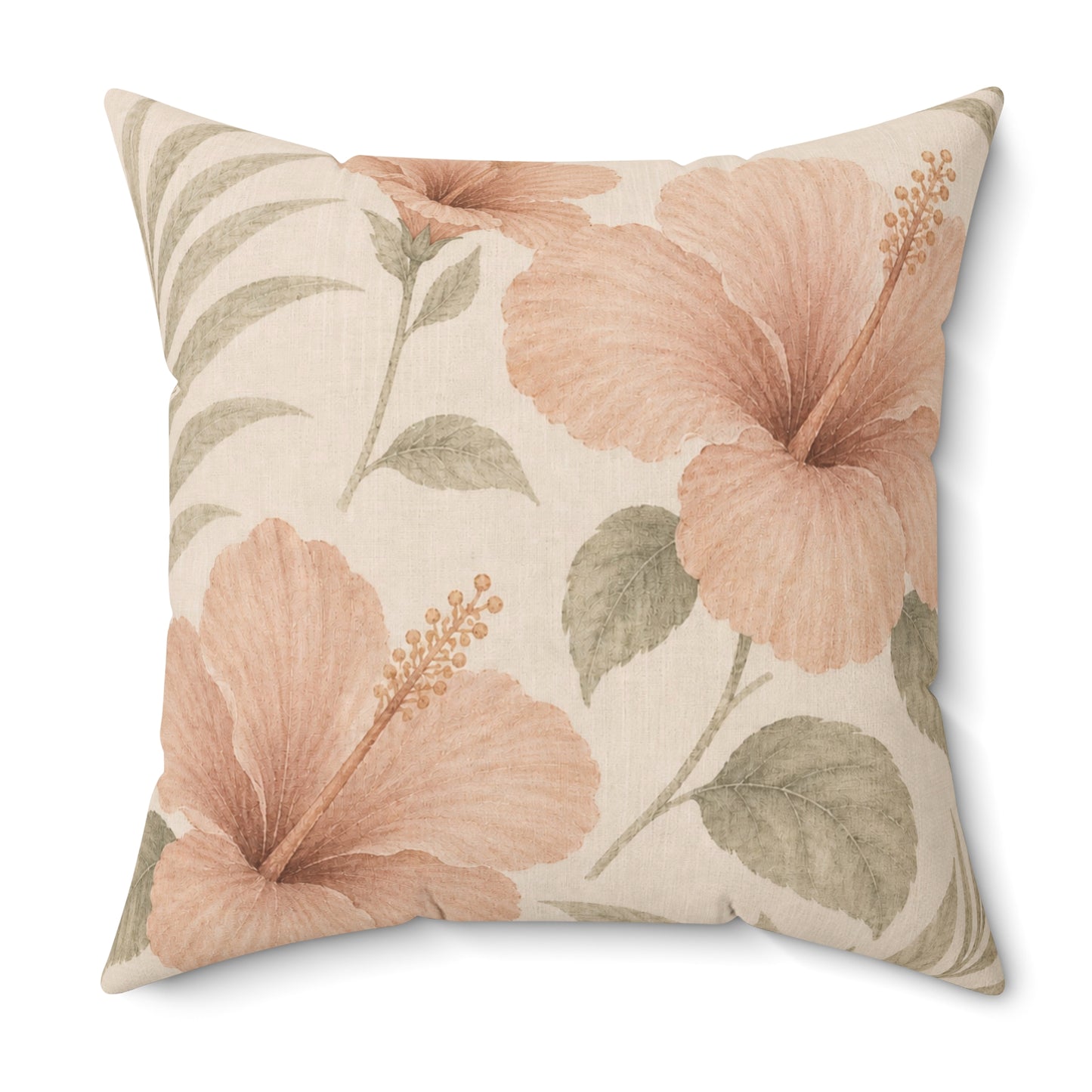 Floral Hibiscus Throw Pillow — Soft Peach Tropical Accent Cushion
