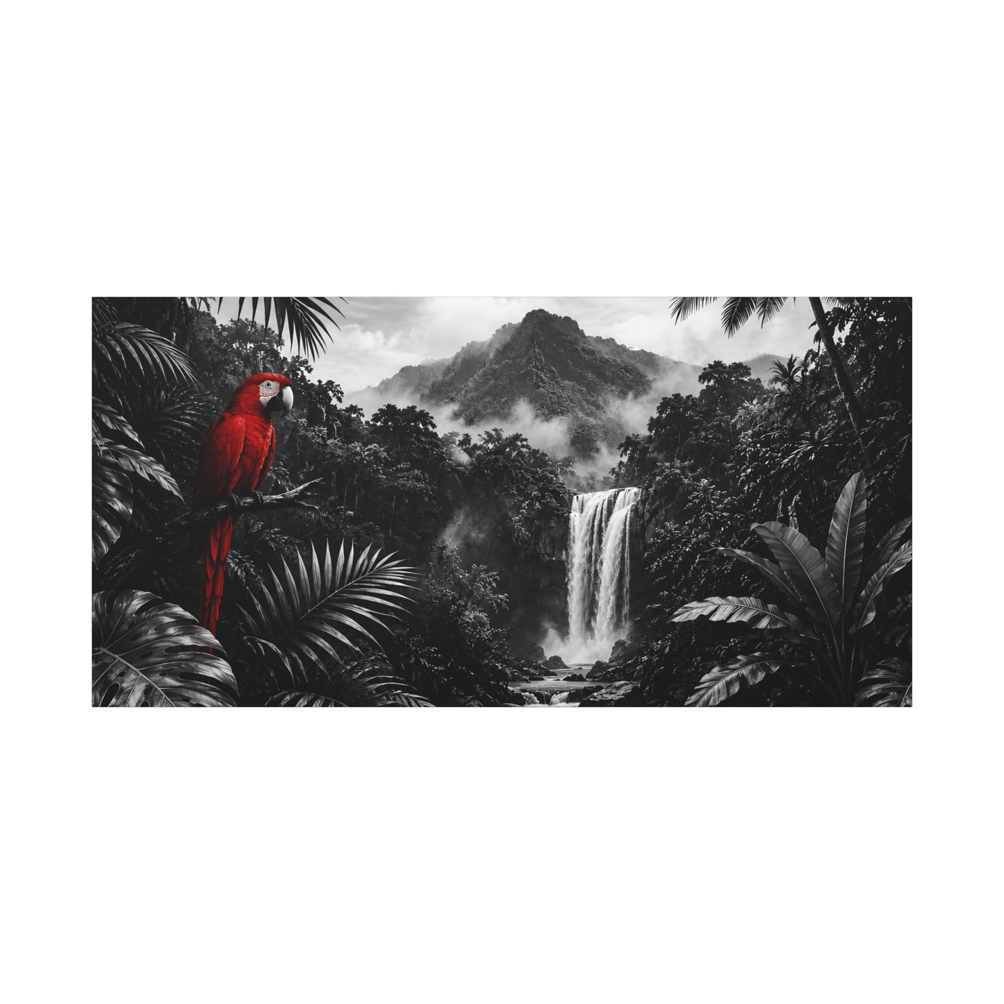 Red parrot on a branch with a black and white waterfall and jungle background