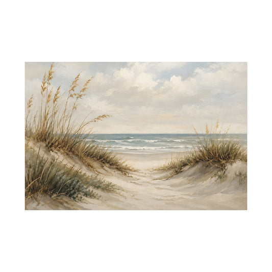 Painting of a beach scene with sand dunes and ocean view