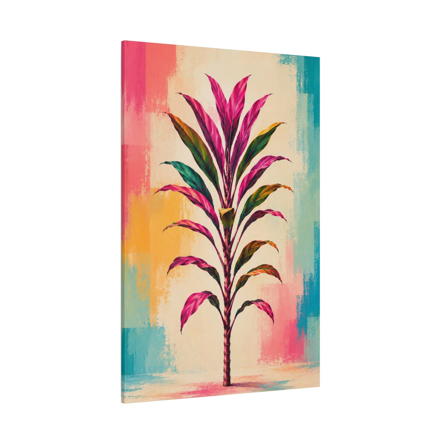Tropical Ti Plant Canvas Wall Art – Pink & Teal Botanical Print, Matte Stretched 1.25"