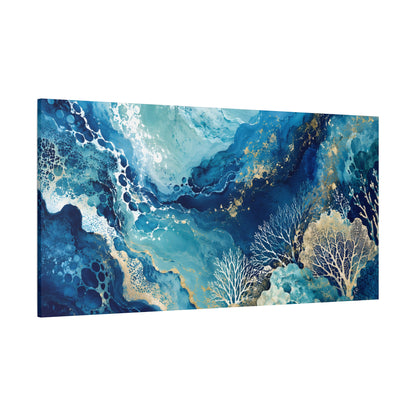 Ocean Abstract Canvas Art - Blue Gold Coral Wave, Stretched Matte Print
