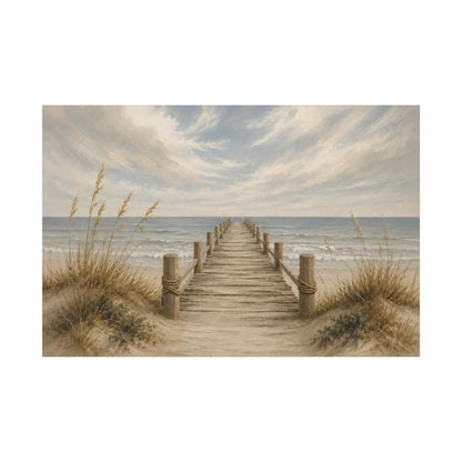 Wooden dock extending into the ocean with grasses on a white background