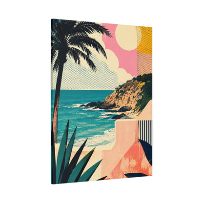 Canvas print with a tropical beach scene featuring palm trees and a colorful sky.