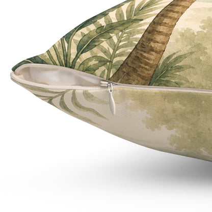 Decorative pillow with tropical leaf pattern on a white background