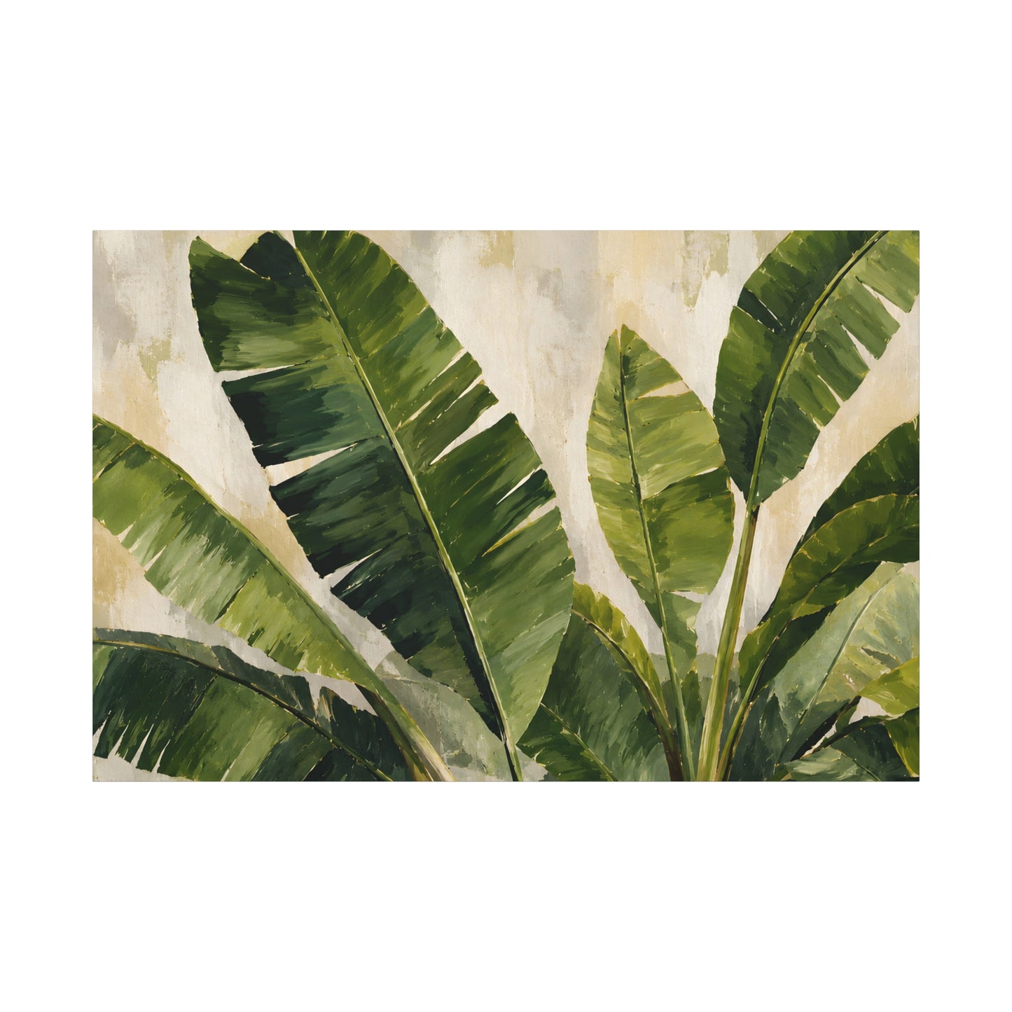 Artistic depiction of green banana leaves on a textured beige background