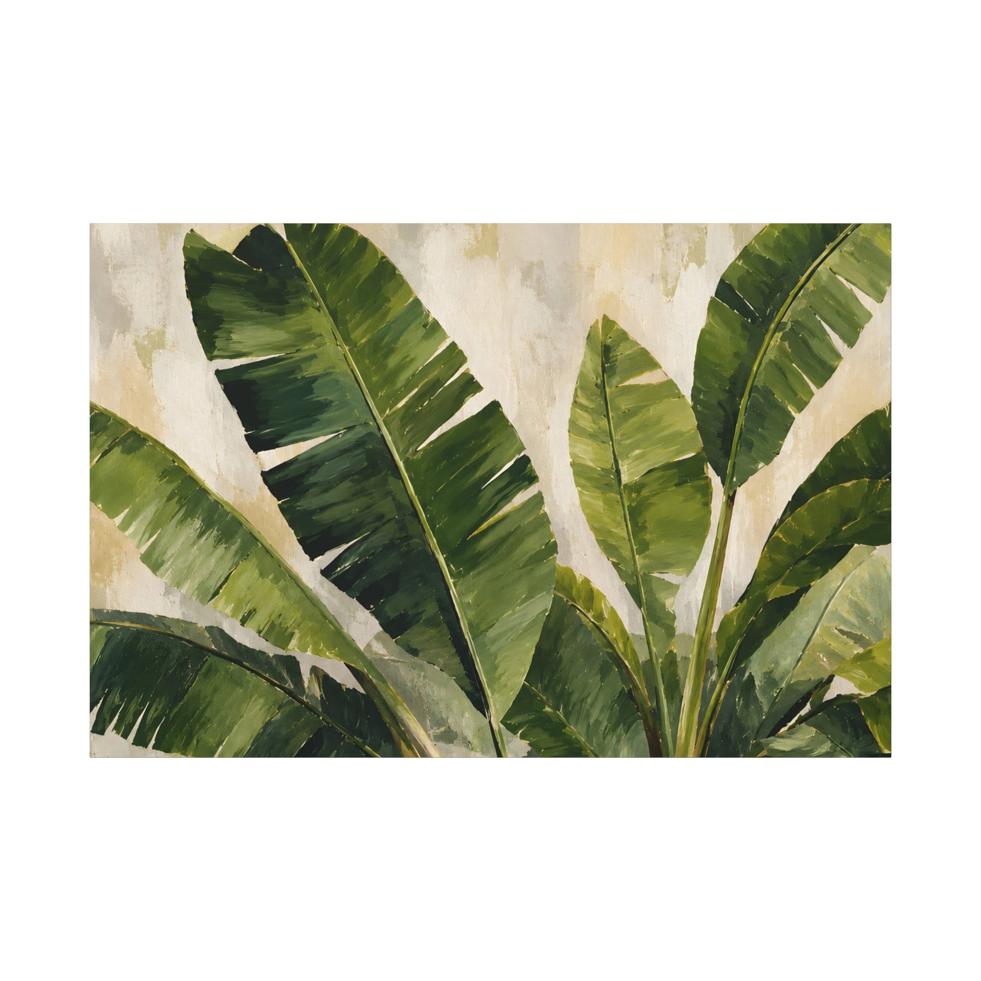 Artistic depiction of green banana leaves on a textured beige background