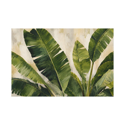 Artistic depiction of green banana leaves on a textured beige background