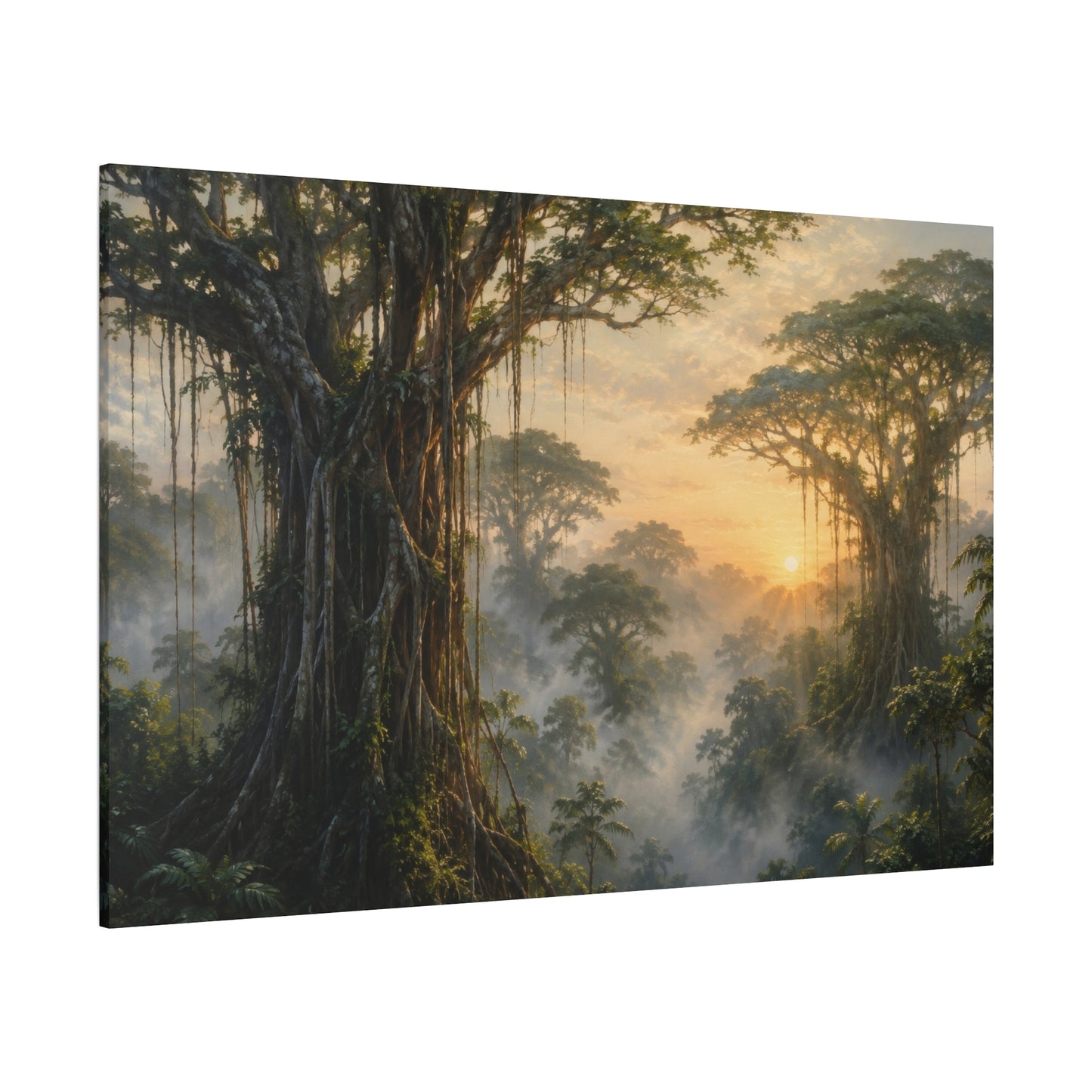 A rectangular wall art print or canvas showing a misty tropical forest with large trees, hanging vines, and warm sunlight breaking through the fog, photographed against a plain white background.