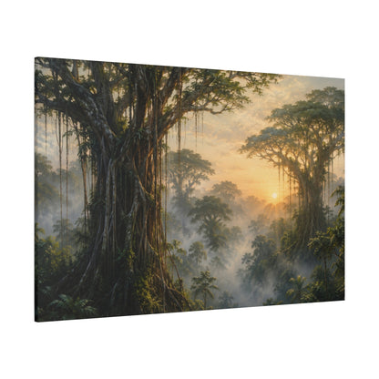 A rectangular wall art print or canvas showing a misty tropical forest with large trees, hanging vines, and warm sunlight breaking through the fog, photographed against a plain white background.