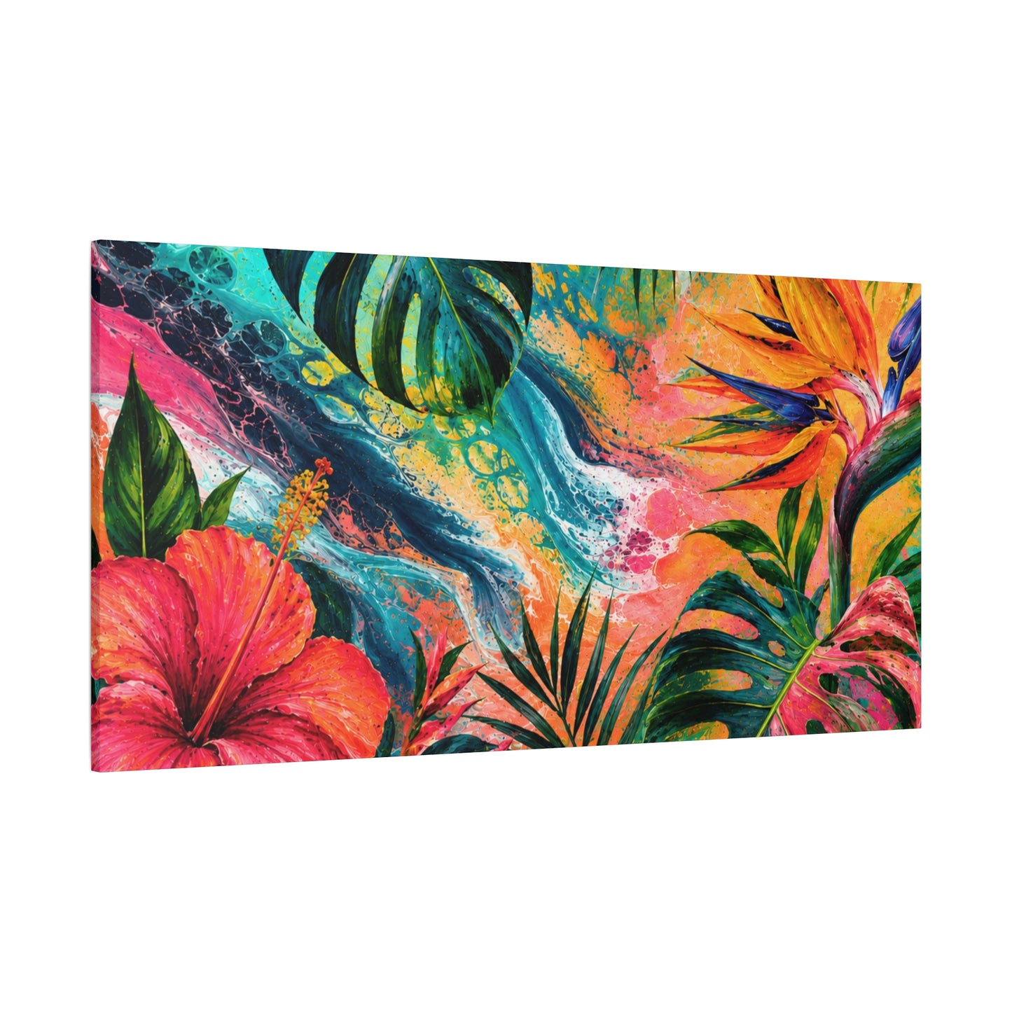 Tropical Floral Canvas Wall Art — Vibrant Hibiscus & Monstera Matte Print