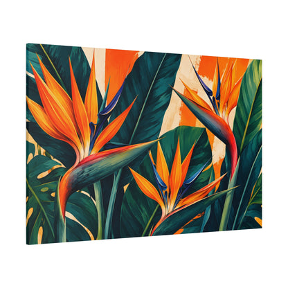 Canvas print with tropical bird of paradise flowers on a white background