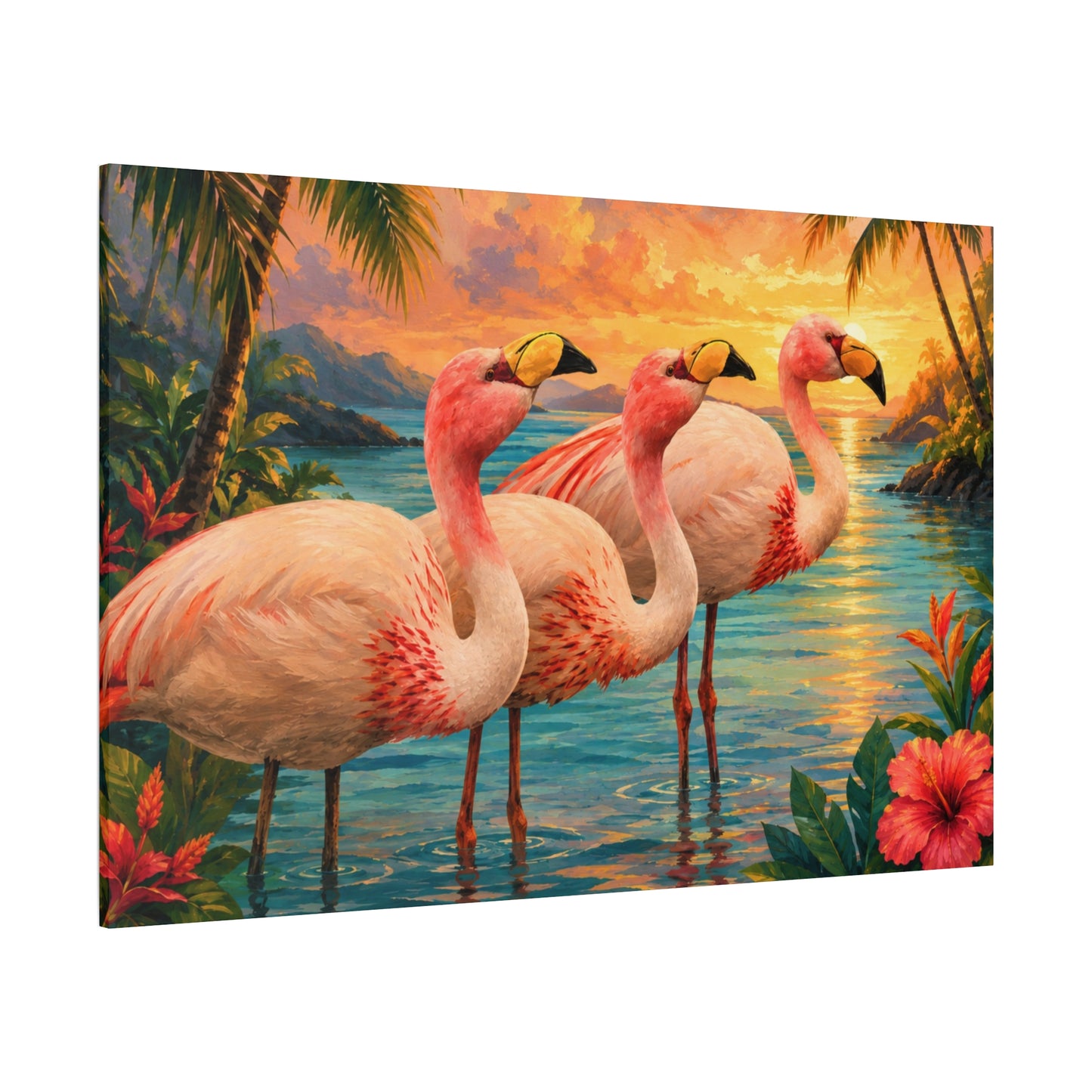 Tropical Flamingo Canvas Wall Art — Sunset Beach Scene Matte Stretched Print