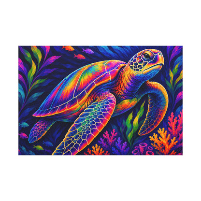 Colorful turtle illustration with underwater plants on a dark background