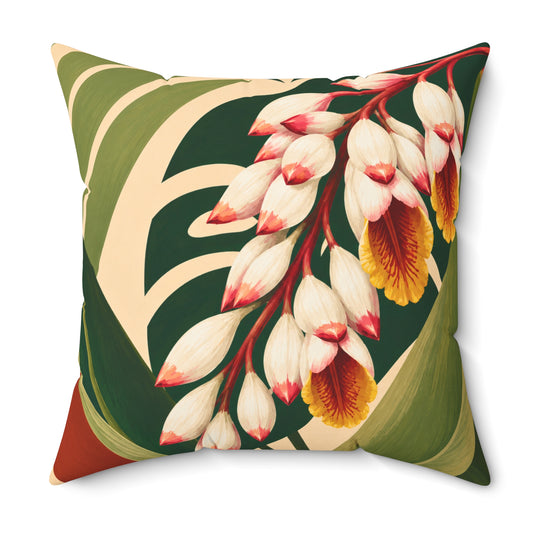 Tropical Floral Pillow — Botanical Ginger Blossom Square Throw Pillow