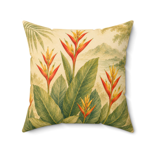 Tropical Heliconia Faux Suede Square Pillow — Botanical Floral Throw Pillow