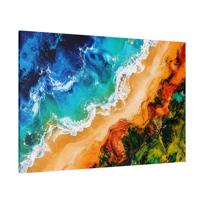 Colorful abstract painting with blue, green, and orange hues on a white background
