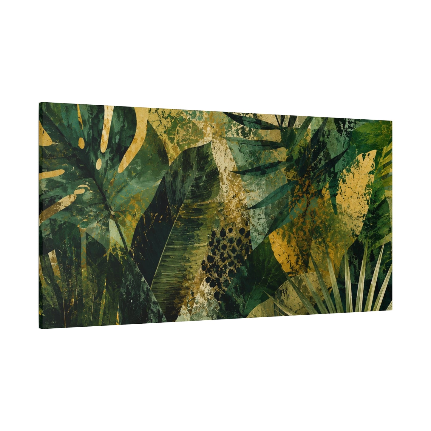 Tropical Leaf Matte Canvas Wall Art - Green & Gold Botanical Stretched Print