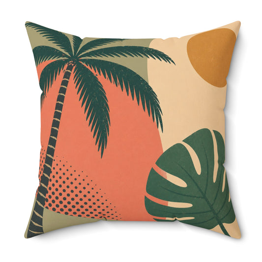 Tropical Palm Throw Pillow - Retro Sunset Monstera Decorative Cushion