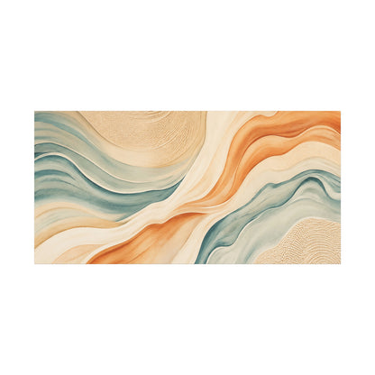 Abstract pattern with wavy lines in beige, orange, and blue on a white background