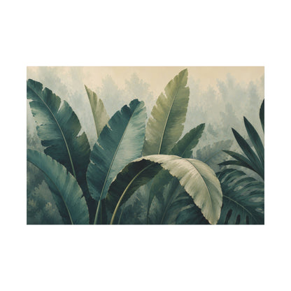 A rectangular wall art print featuring large tropical green leaves in soft muted tones against a pale beige background, shown centered on a white backdrop.