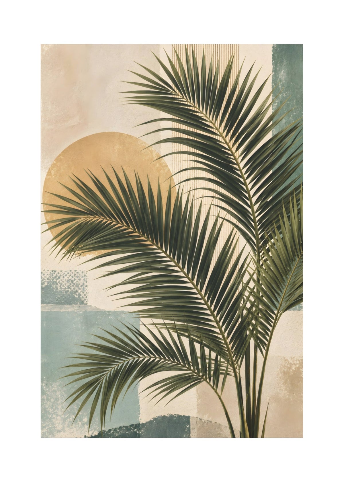 A vertical art print featuring a stylized tropical design with a large green palm leaf in front of a beige background, a muted gold sun, and soft blue-gray abstract blocks.