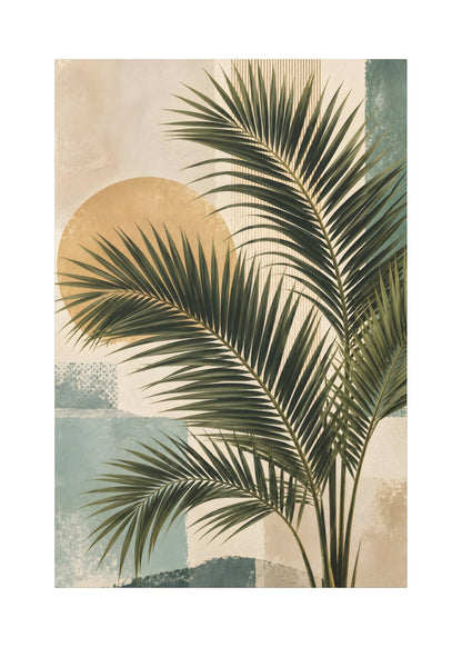 A vertical art print featuring a stylized tropical design with a large green palm leaf in front of a beige background, a muted gold sun, and soft blue-gray abstract blocks.