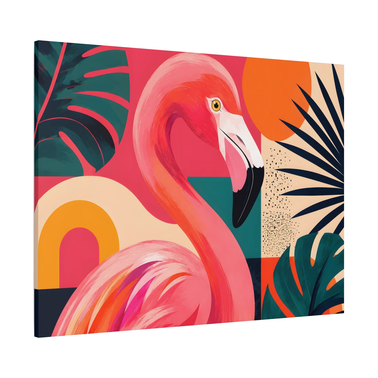 Canvas print with a colorful flamingo and tropical leaves on a multicolored background