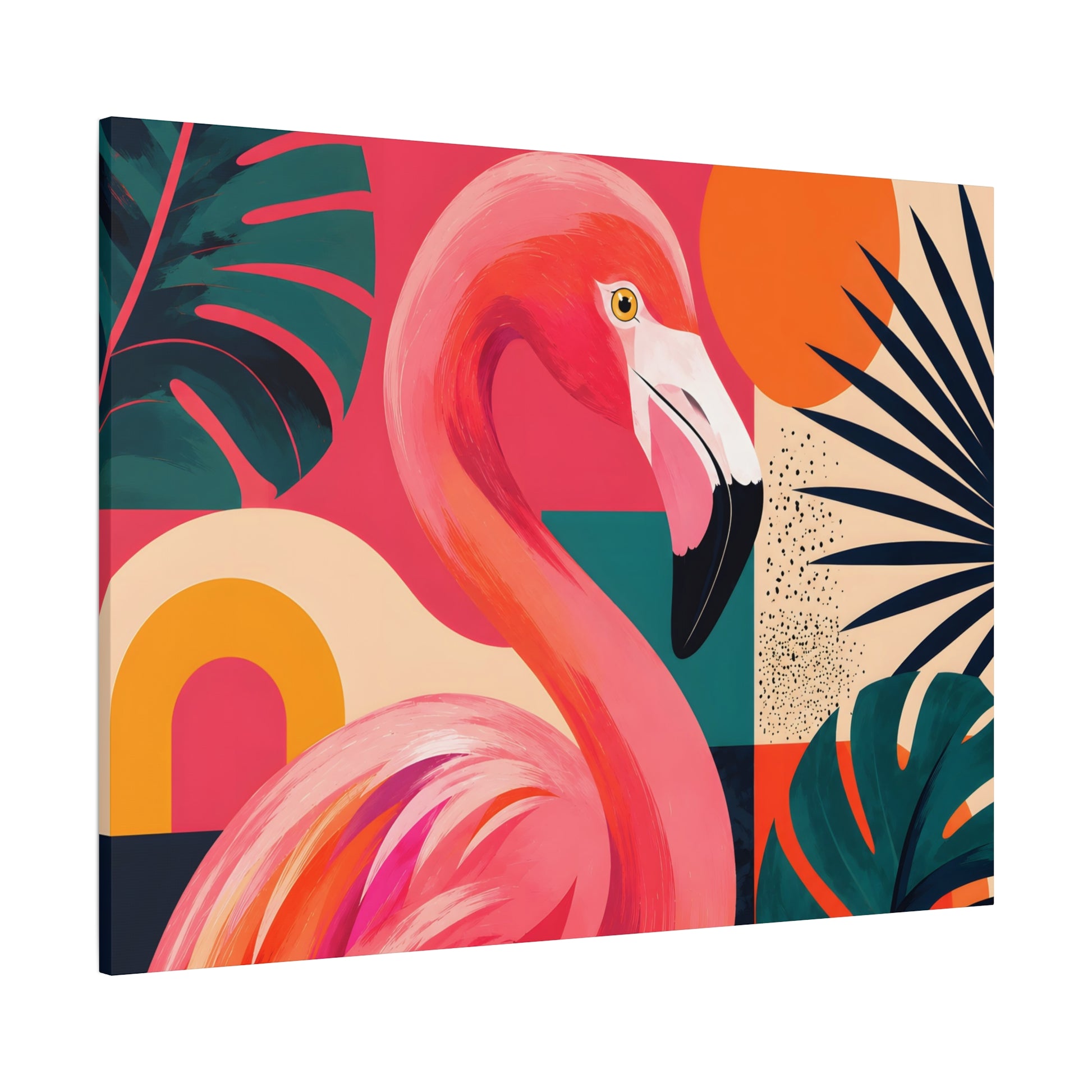 Canvas print with a colorful flamingo and tropical leaves on a multicolored background