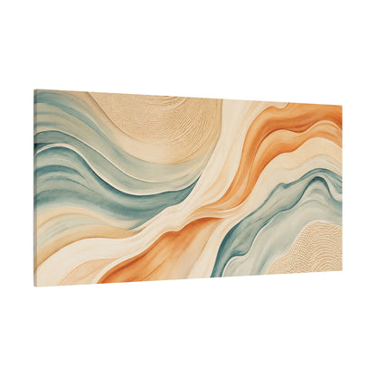 Abstract wall art with wavy patterns in beige, brown, and green on a white background