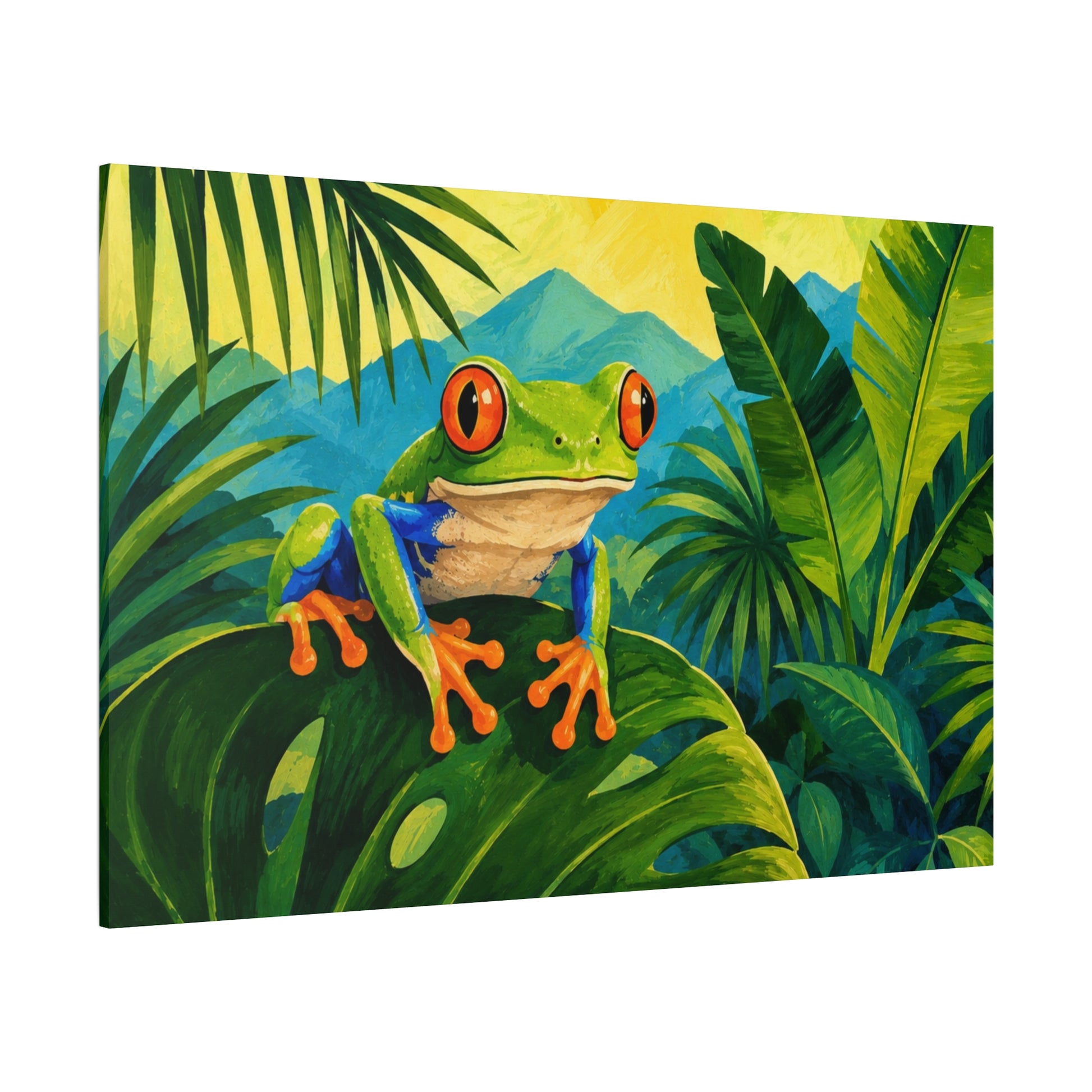 Canvas print of a colorful frog on leaves with a mountain background