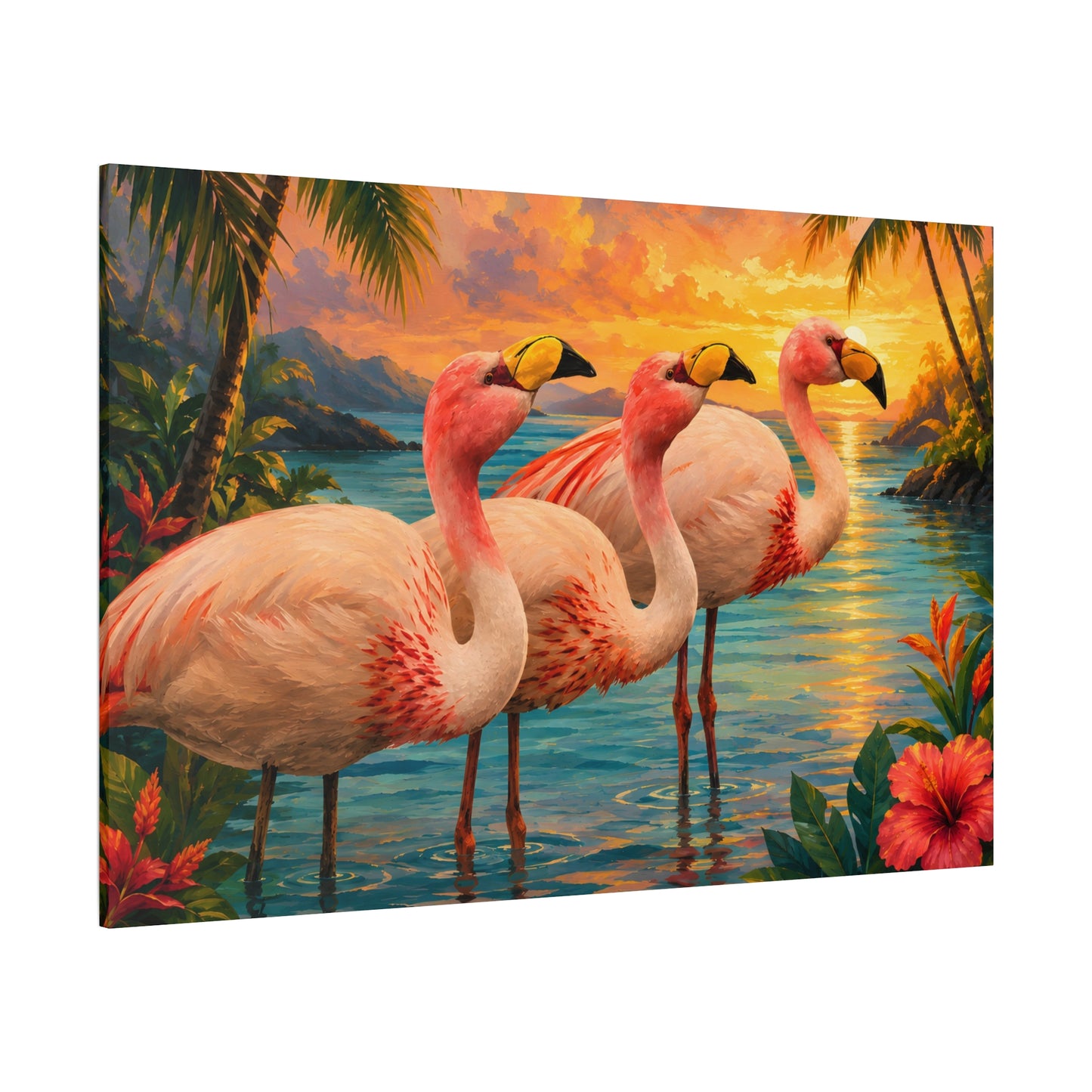 Tropical Flamingo Canvas Wall Art — Sunset Beach Scene Matte Stretched Print