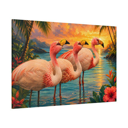 Tropical Flamingo Canvas Wall Art — Sunset Beach Scene Matte Stretched Print