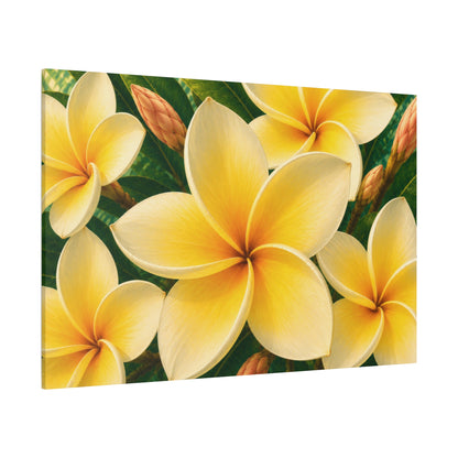 A rectangular wall art print showing a close-up tropical floral scene with large pale yellow plumeria flowers and dark green leaves, photographed against a plain white background.