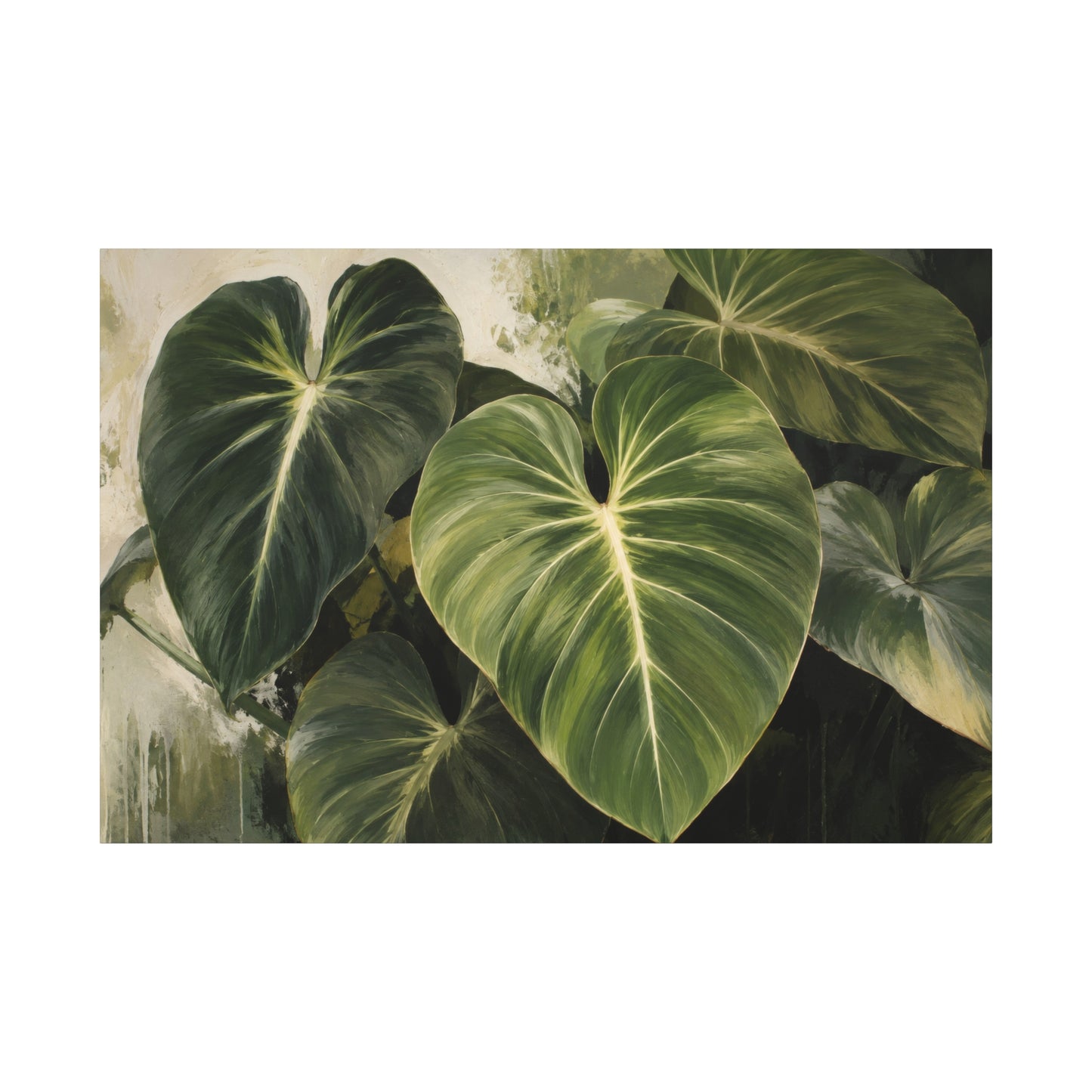 A rectangular art print depicting a close-up botanical painting of large green heart-shaped leaves with pale yellow-white veining, set against a white background.