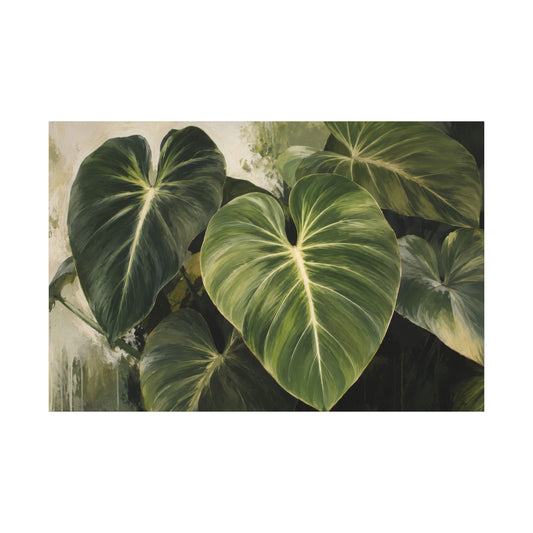A rectangular art print depicting a close-up botanical painting of large green heart-shaped leaves with pale yellow-white veining, set against a white background.